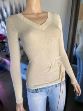 BUFFALO Sheer Ivory V-Neck Sweater w/ Adjustable Drawstring XS